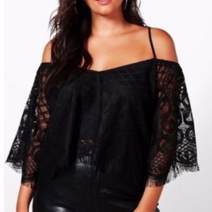 Boohoo Black Lace Open Shoulder Bell Sleeve Top